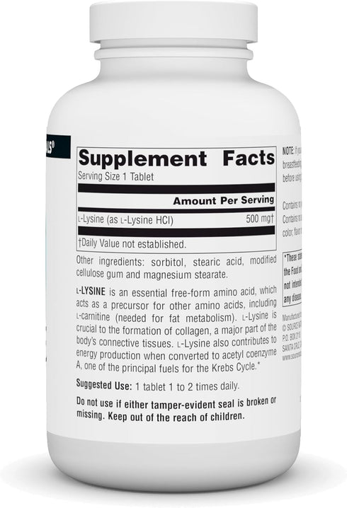 Source Naturals L-Lysine 500 mg Free Form - Amino Acid Supplement Supports Energy Formation & Collagen - 250 Tablets...