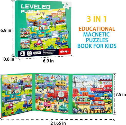 Magnetic Puzzles for Kids Ages 4-8, 3 in 1 Wooden Jigsaw Puzzles Book for Toddlers, Car Activities Toy for Girls 4-6, Learning Magnet Gift for Roa...