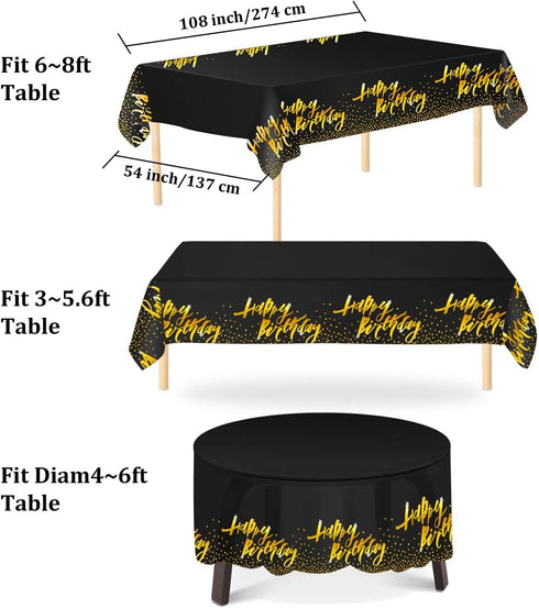 Aneco 2 Pack Happy Birthday Table Cloth Cover Black Gold Party Durable Tablecloth 54 x 108 Inches for Parties Birthdays Weddings...