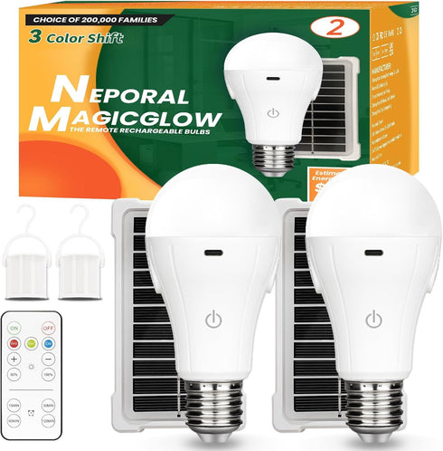 Neporal MagicGlow Rechargeable Solar Light Bulbs with Remote, USB+Solar Rechargeable Bulbs,3 Colors Shift + Dimmable Battery Light Bulb, A19 Emerg...