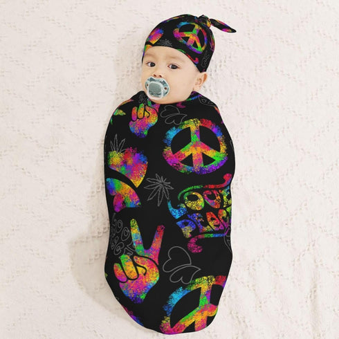 Rainbow Peace Love Sign Gesture Newborn Swaddle Blankets Hat Sets Soft Baby Receiving Blanket Swaddle Sack for Baby Shower Infant Boy Girl Gift...