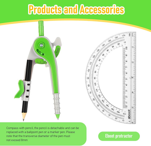EBOOT Student Geometry Math Set, Drawing Compass and 6 Inch Clear Swing Arm Protractors 180 Degree Math Protractor (Green)...