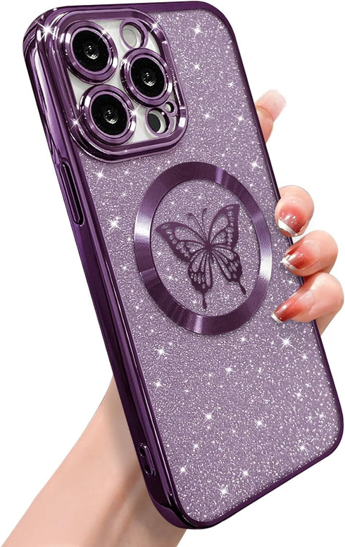 for iPhone 15 Pro Max Case Magnetic,for Women Girl Soft Cute Luxury Butterfly Pattern Plating Glitter Bling Phone Case Compatible with MagSafe Cle...