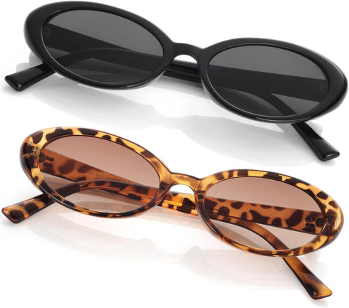 Vintage Small Oval Sunglasses for Women Men 90s Sunglasses Narrow Eyeglasses UV400 Protection 2 Pack...