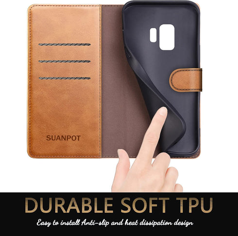 SUANPOT for Galaxy S9 Wallet Case - RFID Blocking Leather, Credit Card Holder, Flip Folio, Shockproof Cover, 5.8" - Light Brown...