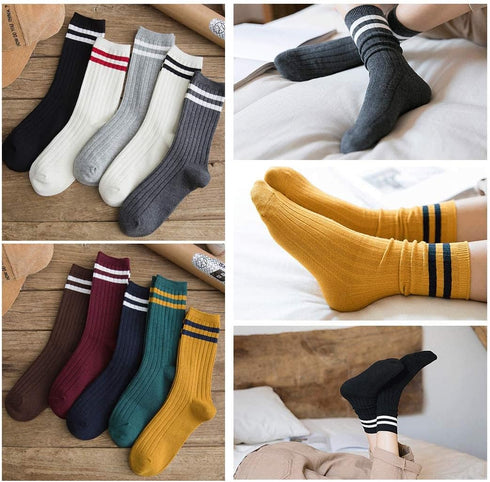 Striped Crew Socks 10 Pairs Retro Cute Long Tube Crew Socks for Women...