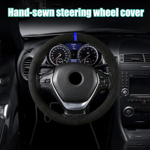 Car Steering Wheel Cover, Anti-Slip Auto Stitch on Wrap Steering Wheel Protector for Max Diameter 15 Inch, DIY Sewing with Needle Thread, Universa...