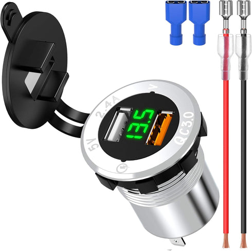 Upgraded Aluminum Alloy Quick Charge 3.0 USB Car Charger Socket & 2.4A USB Port IP66 Waterproof Dual USB Power Outlet with Voltmeter for Car Boat ...