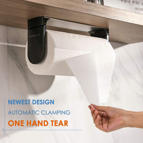 simpletome ONE HAND TEAR Paper Towel Holder Under Cabinet Adhesive or Drilling Installation Aluminum Alloy + ABS (Black)...