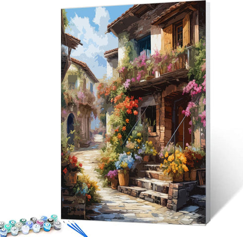 Flowers Town Paint by Numbers for Adults Kids Beginners Italy City Street Flowers DIY Acrylic Painting Gift Kits Drawing Paintings Pictures Arts C...