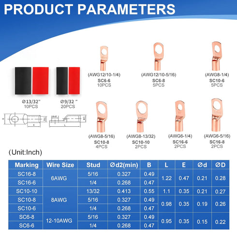 Copper Wire Lugs AWG12 10 8 6 Gauge Wire Connectors, SQQHXX Heat Shrink Set, with 30Pcs Battery Cable Ends Ring Terminals Connectors and 30Pcs Hea...
