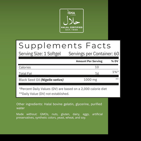 Noor Vitamins Halal Black Seed Oil Capsules, Halal Vitamins, 1000 mg Black Seed Oil from Nigella Sativa, Thymoquinone, Non-GMO, Gluten Free, 60 Co...