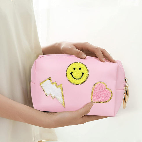 Preppy Patch Makeup Bag,Smile Lightning PU Leather Waterproof Makeup Bag for Girls,Daily Use Preppy Girls Stuff Makeup Bag,Travel Organizer Cosmet...