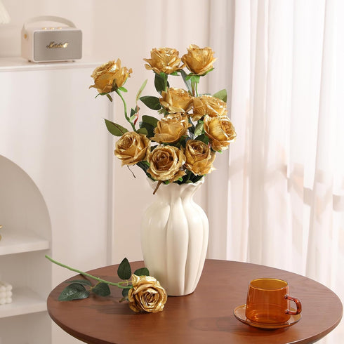 Veryhome 10 Pcs Artificial Gold Flowers Silk Roses Real Touch Bridal Wedding Bouquet Gold Rose for Christmas Home Garden Party Floral Decor...