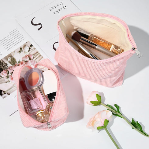 2 Pieces Corduroy Pink Makeup Bag Large Corduroy Cosmetic Bag Capacity Canvas Travel Toiletry Bag Organizer Cute Makeup Brushes Aesthetic Accessor...