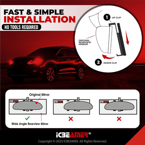 11.8" ICBEAMER Clip On Rear View Mirror | Flat Clear Tint Glass, Panoramic Wide Angle HD Glass, Anti Glare, Universal Fit for Car, SUV, Truck | El...