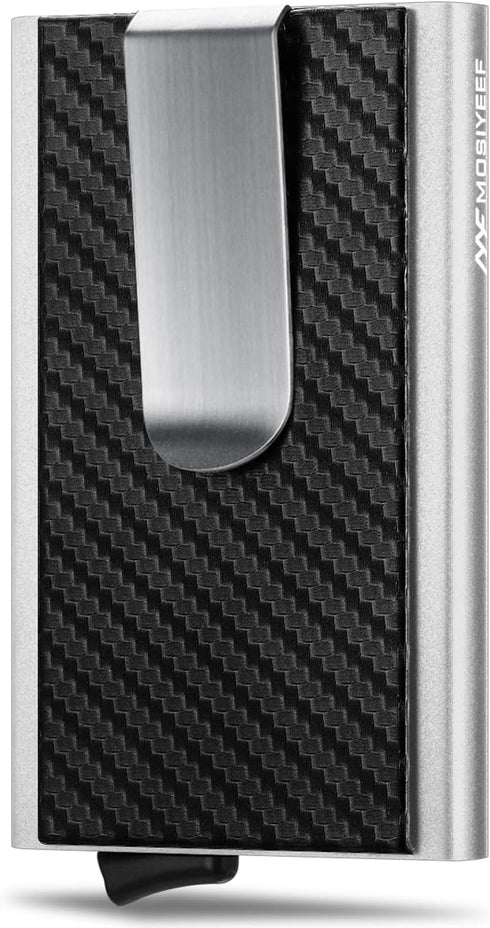 MOSIYEEF Minimalist Wallet for Men, RFID Blocking Card Wallet with Money Clip, Leather Wrapped, Slim Front Pocket Automatic Pop Up Wallet, Silver...