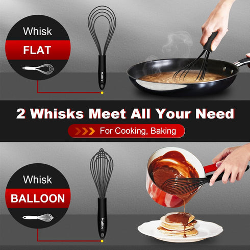 Walfos Whisk 11inch Flat Whisks and 10inch Balloon Whisk Combo,Silicone whisks for cooking,Non Scratch Coated Wisk,Suitable for Ceramic Coated pan...