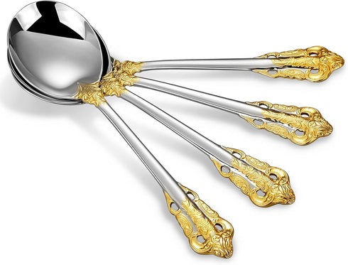 KEAWELL Gorgeous Round Soup Spoon, Set of 4, 18/10 Stainless Steel, Luxury Bouillon Spoon, Dishwasher Safe, Fine Mirror Polished (Gold Accent)...