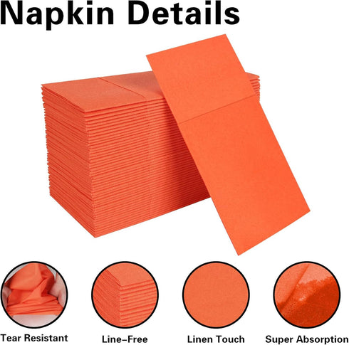 Dark Orange Napkins Hand Towels Disposable, Linen-Feel Dinner Napkins with Prefolded Built-in Flatware Pocket, Guest Paper Hand Towels For Wedding...