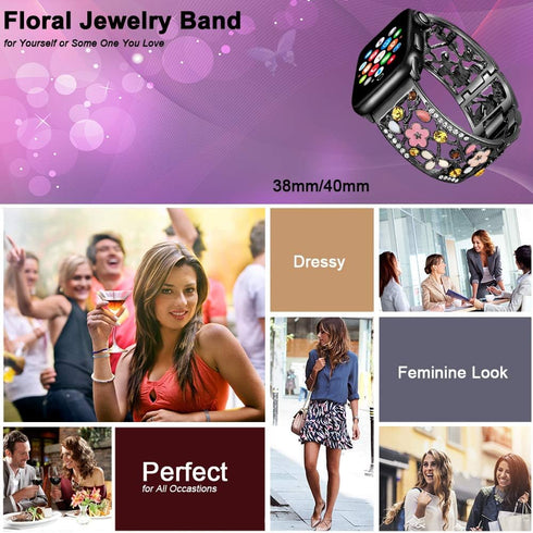 Floral Bracelet Compatible with Apple Watch Band 38mm 40mm 41mm 42mm iWatch Bands Series 10 9 8 7 6 SE,Bling Crystal Hollow Metal Strap,Cute Women...