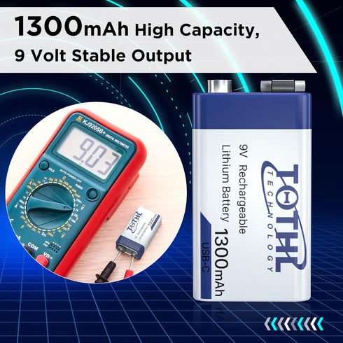 9V Rechargeable Batteries,9V Lithium Battery High Capacity 1300mAh(11700mAh),with 2 in 1 USB Charging Cable for Smoke Alarms, Multimeters, Microph...