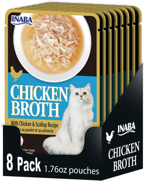 INABA Chicken Broth, Shredded Chicken & Broth Side Dish/Topper for Cats with Vitamin E, 1.76 Ounce Pouch, 8 Pouches Total, Chicken and Scallop Rec...