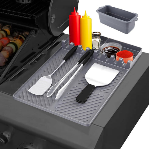 Silicone Grill Mat & Grease Cup Liners for Blackstone, BBQ Side Shelf Mat Spatula Mat with Drip Pad, Reusable Grill Drip Pans Grease Catcher, Blac...