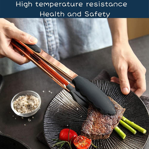 KAISHANE Kitchen Food Tongs-Rose Gold Tongs Copper Stainless Steel Silicone Tipped Kitchen Food BBQ and Cooking Tongs Set 9” and 12” for Non Stick...