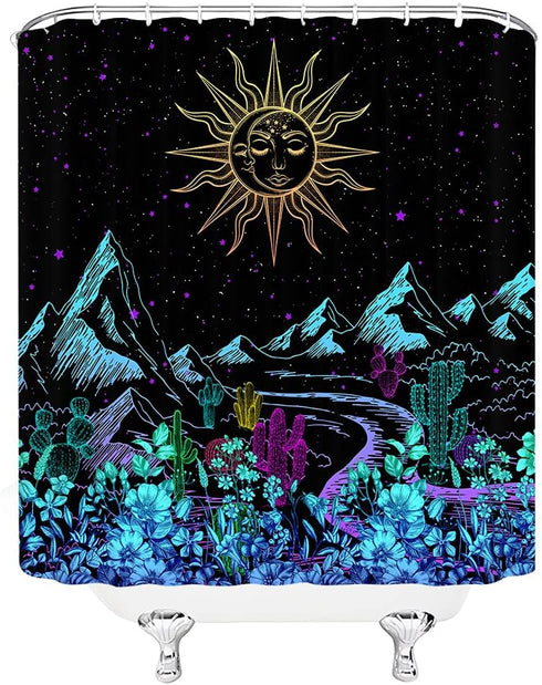 Abstract Mountain Shower Curtain Boho Sun Moon Landscape Night Star Celestial Colorful Flower Cactus Black Unique Modern Fashion Design Gothic Bat...