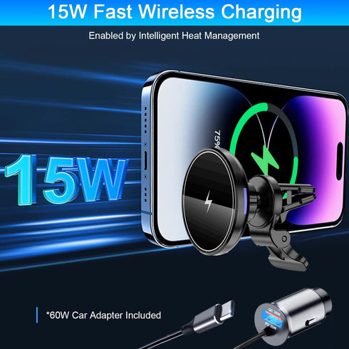 Magnetic Wireless Car Charger Mount,Compatible with MagSafe Car Charger,15W Fast Charging Air Vent Car Phone Holder for iPhone 15 14 13 Pro Max Pl...