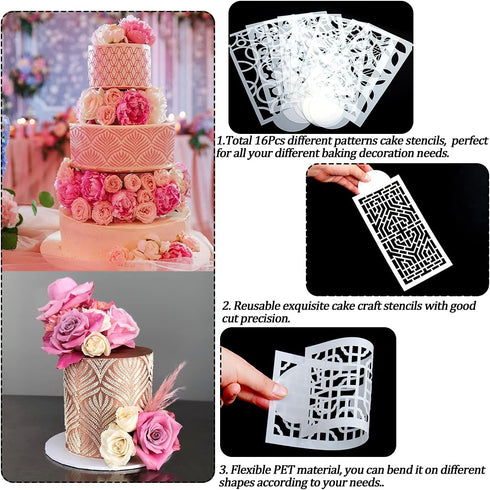 DI QIU REN 16PCS Cake Stencils for Decorating Buttercream, 15X5.9 Inch Fondant Template, Lace & Geometric Icing Printing Mold, Side Baking Mesh...