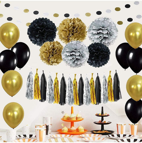 Black and Gold Party Decorations - DIY Tissue Paper Pom Poms Flowers, Tassel, Balloons, Hanging Swirl, Paper Circle Garland for Graduation and Ret...