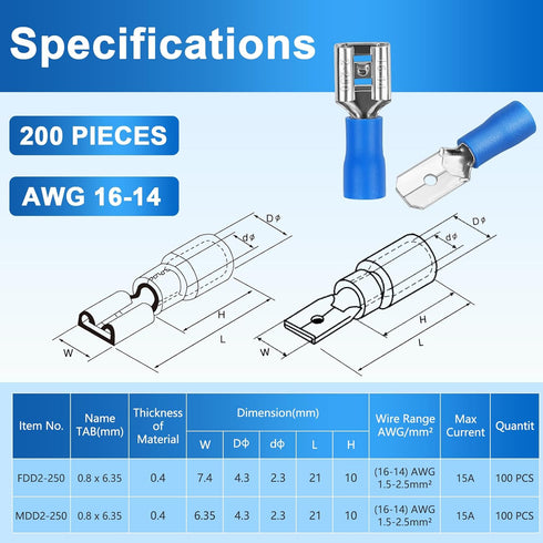 200 Pcs Female and Male Quick disconnects Vinyl Insulated Spade Wire Connectors, Blue Electrical Crimp Terminal 16-14 AWG (6.3mm)...