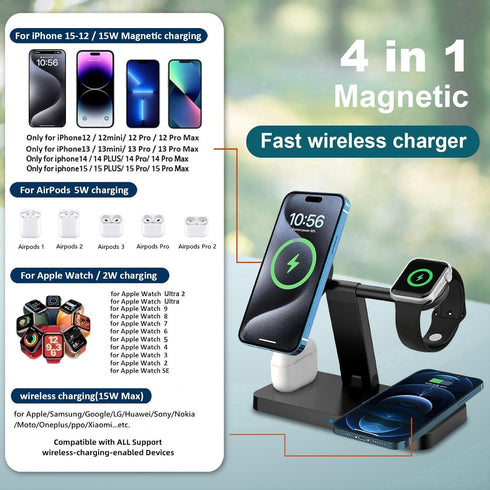 Magnetic Charging Station,PDKUAI for MagSafe 4 in 1 Fast Wireless Charger Stand for iPhone 15,14,13,12 Pro/Max/Mini/Plus, Apple Watch 9/8/7/6/SE/5...
