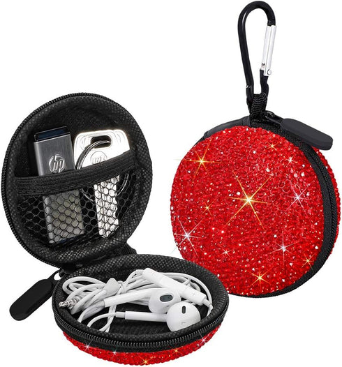 SAVORI Earphone Case Earbuds Small Carrying Cases Bling Rhinestone Crystal Portable Headphone Organizer Storage Pouch Bag with Carabiner 1 Pack (R...