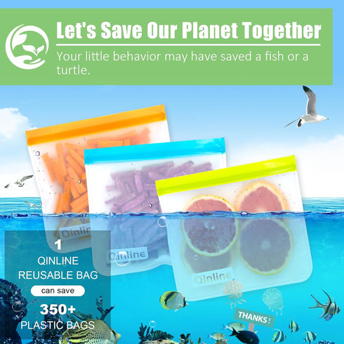 Qinline Reusable Food Storage Bags - 10 Pack Dishwasher Safe Freezer Bags, BPA Free Reusable Bags Silicone, Leakproof Reusable Lunch Bag for Salad...