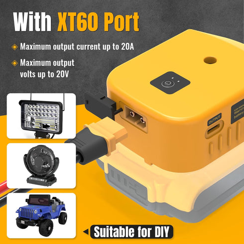 Power Wheels Battery Adapter with USB Ports & XT60 Port, Fit for DeWalt 20V Battery, Power Adapter for Mobile Devices, Electric Vehicles, DIY Proj...