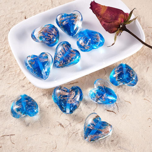 Cheriswelry 10pcs Blue Heart Handmade Goldsans Lampwork Glass Beads Crystal Love Heart Mini Loose Spacer Beads Charms 28x28mm 2mm Hole for DIY Ear...