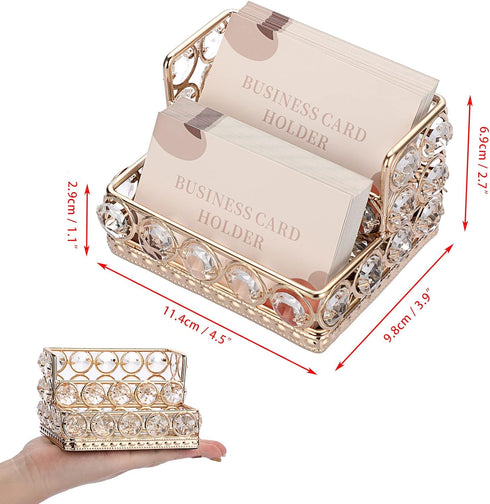 Hipiwe 2 Tiers Crystal Business Card Holder Stand Gold Mirrored Business Card Display Stand Organizer Desktop Business Card Storage Holder for Off...