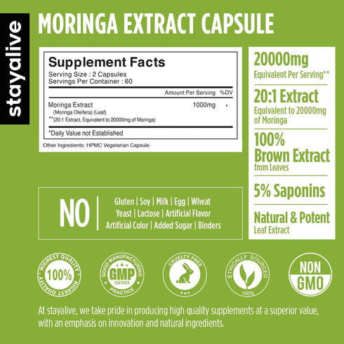 STAY ALIVE Pure Moringa Capsules, 20000mg Equivalent, 120 Vegan Moringa Pills, Immune, Digestive & Body Support, Green Superfood with Extra Streng...