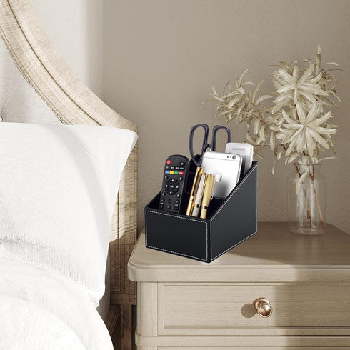 Fashionable PU Leather TV Remote Control Holder with 3 Compartments, Storage Rack, Storage Box, Media Accessory Storage, Desk Organizers (black)...