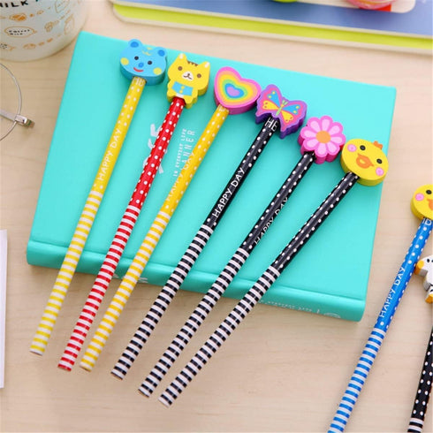 Yansanido Pack of 10 Colorful 7.28 Inch Length Random Cartoon Eraser Pencils, Cute Pencils for Office, School Supplies Students Children Gift (10)...