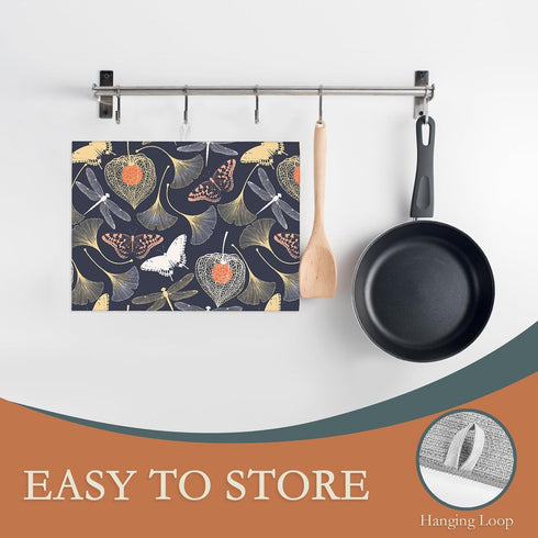 Ginkgo Leaves Dish Drying Rack Mat for Kitchen Counter,Dragonfly Butterfly Dish Drying Pad Absorbent Reversible Microfiber Protector for Coffee Ba...