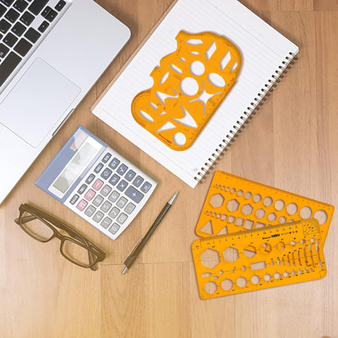 KESAPLAN 9 PCS Geometric Drawings Templates, Drafting Stencils Measuring Tools, Plastic Clear Orange Multi-Function Measuring Rulers with French C...