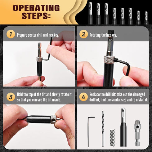 17Pcs Black Self Centering Drill Bit Set 1/4" Hex Shank VIX Bit, 5/64-1/4” Quick Change Hinge Center Drill Bits with 1 Hex Key & 8 Drill Bits for ...