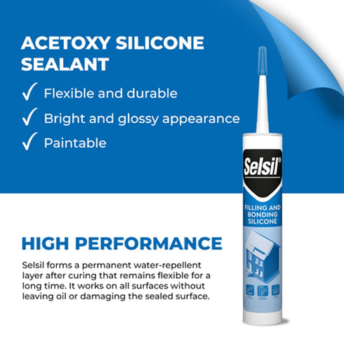 Selsil Clear 100% Silicone Sealant - Filling and Bonding Silicone Caulk - Clear Silicone Sealant Waterproof - Clear Sealant - Great Elasticity, So...