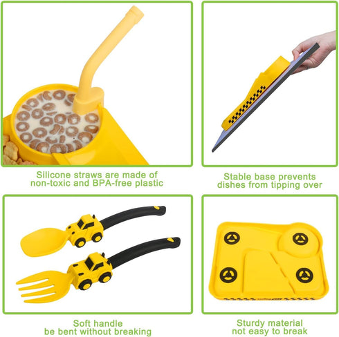 Construction Toddler Plates - Toddler Eating Utensil Set with Removable Straw - Toddler Utensils Set - Baby Plates Feeding Set - for Toddler Gifts...