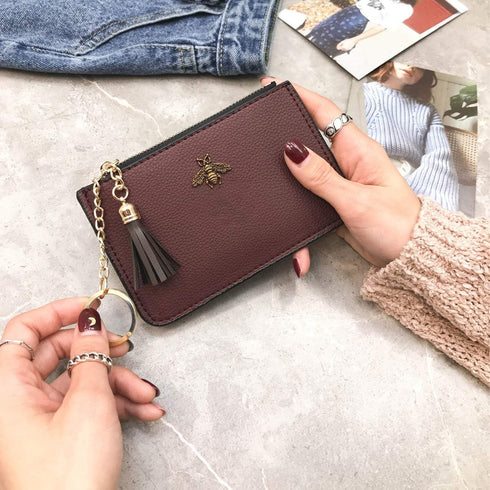 Coin Purse Change Wallet Pouch Leather Card Holder with Key Chain Tassel Zip(Burgundy)...