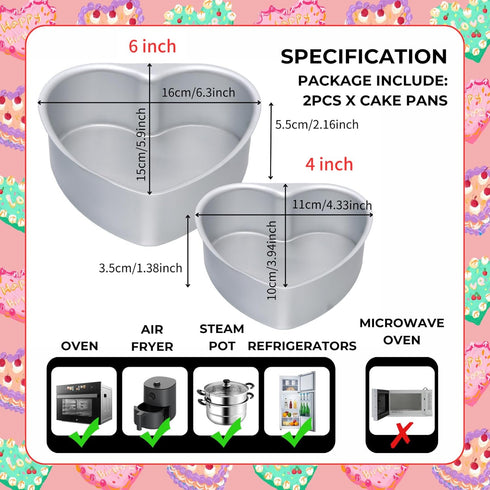 beyonday 2pcs Heart Shaped Cake Pan with Removable Bottom, 4 inch & 6 inch Aluminum Alloy Heart Cake Trays for Birthday Party Wedding Anniversary ...